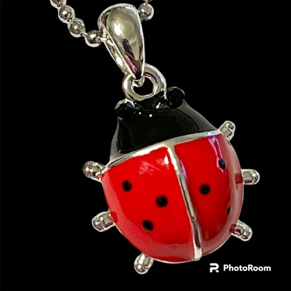 Silver Red Ladybug Pendant Necklace Crystal Plated 17" Chain Insect Enamel - Picture 2 of 11